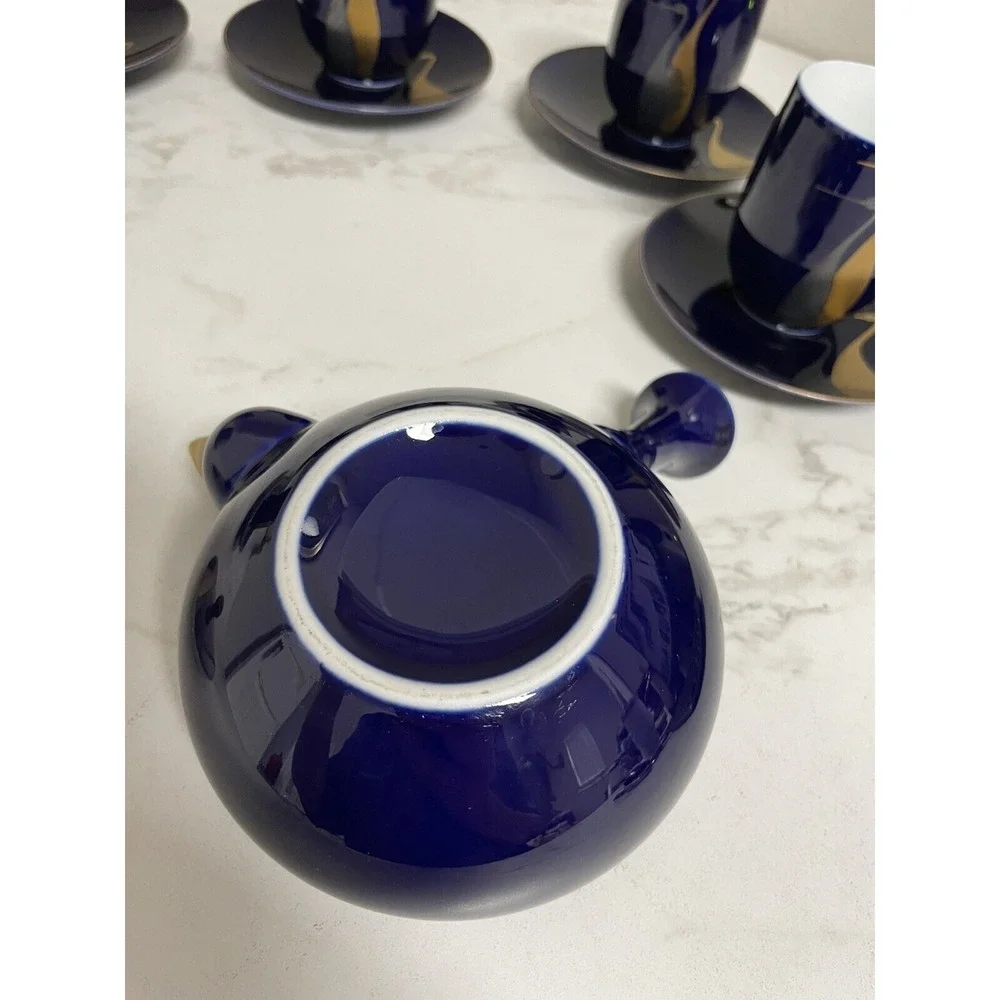 Vintage  Fukagawa Arita Cobalt Blue Gold Cranes Teapot 5 Cups/5 Sm Plates‎